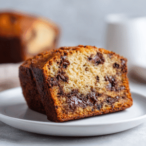 Chocolate chip banana bread slice on white plate with melted chocolate pieces.