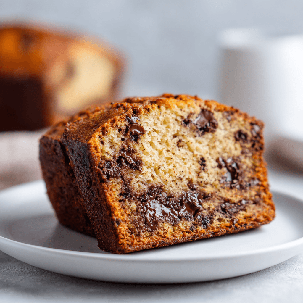 Chocolate chip banana bread slice on white plate with melted chocolate pieces.
