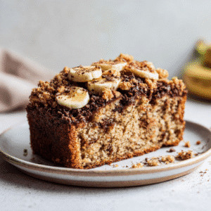 Slice of oat flour banana bread with chocolate and banana on a white plate.