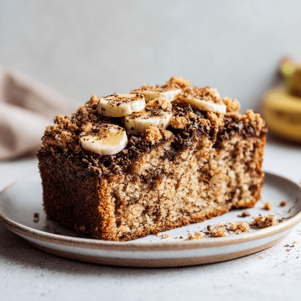 Slice of oat flour banana bread with chocolate and banana on a white plate.