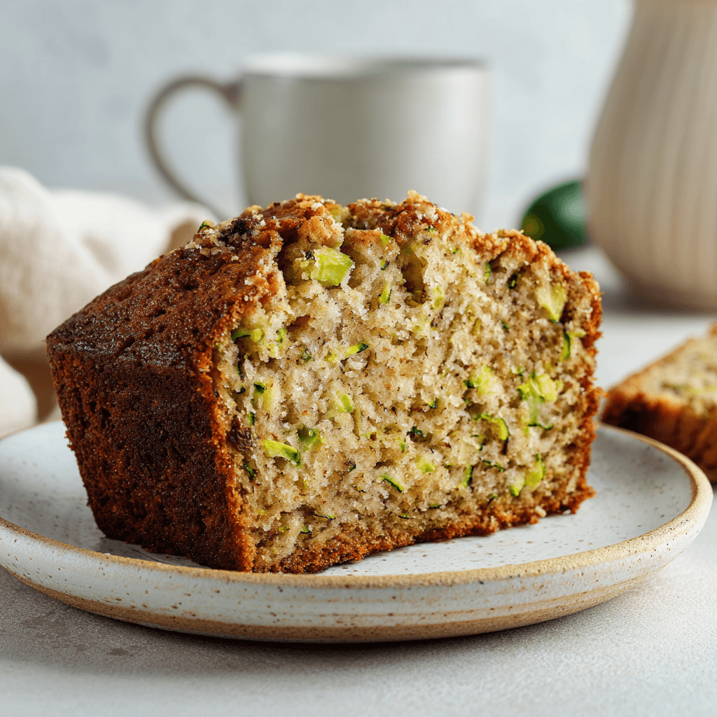 Slice of moist zucchini banana bread with golden crust and zucchini specks on a white plate — bright, clean food photo for healthy homemade baking.