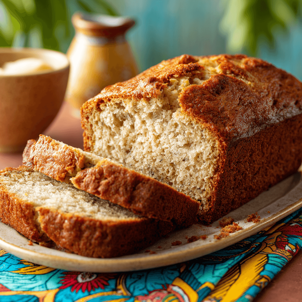 Perfectly Moist Sour Cream Banana Bread 3 Whole sour cream banana bread loaf on a colorful patterned napkin, golden brown crust with soft texture, slightly cracked top showing moist crumb.