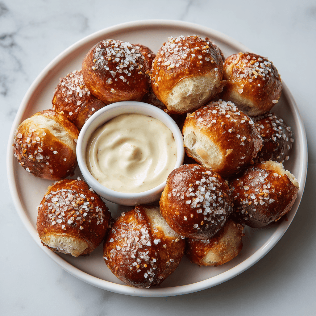Golden-brown soft pretzel bites sprinkled with coarse salt, served with creamy cheese dip on a white platter — bright natural lighting and marble background.