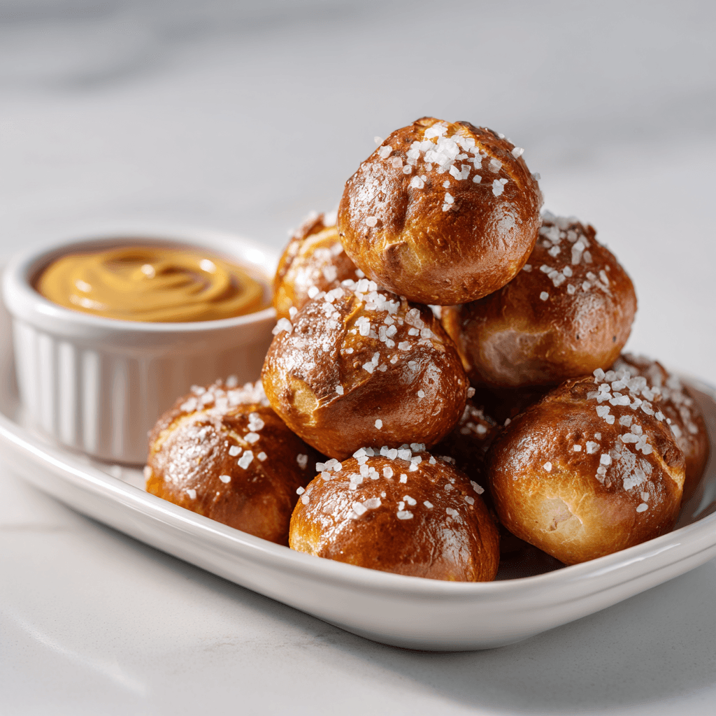 Close-up of golden pretzel bites with coarse salt on a white plate next to a mustard dip — realistic soft texture and warm snack presentation in natural light.