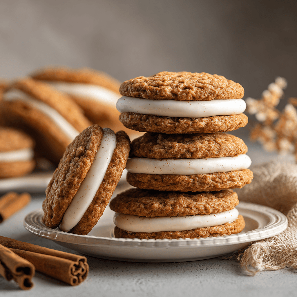Stack of oatmeal cream pies with vanilla frosting filling on a white plate with cinnamon sticks.