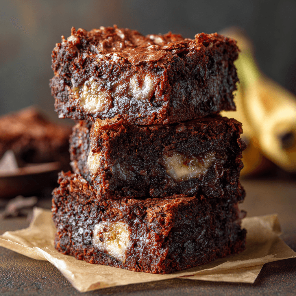 Ultimate Banana Bread Brownies Recipe 3 Freshly baked banana bread brownies in a rectangular baking pan, rich dark chocolate texture with swirls of banana and golden crust edges, slightly cracked glossy top.