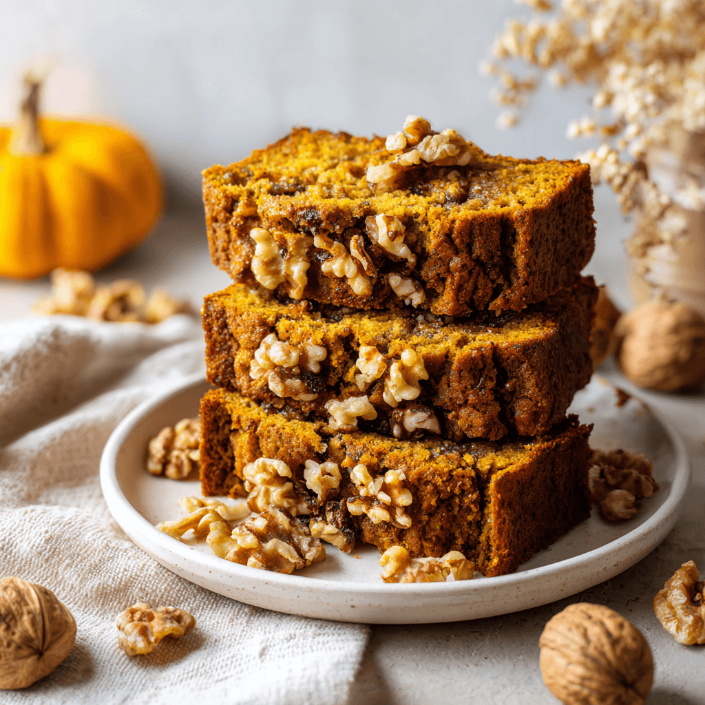 Whole pumpkin banana bread loaf on a rustic wooden board, golden brown crust with visible walnut pieces and warm orange hue from pumpkin.