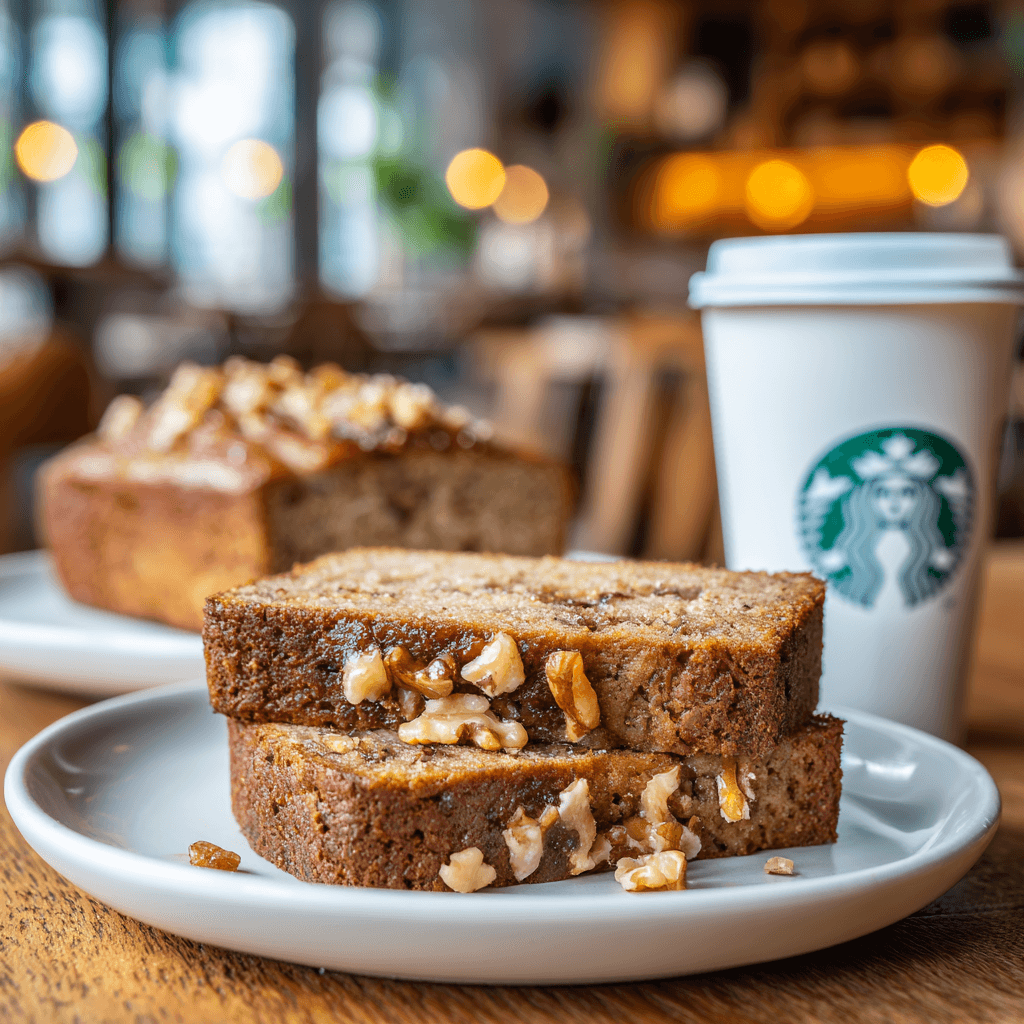 Slice of Starbucks-style banana bread on a white plate next to a cup of latte — bright daylight, clean minimal setup, and detailed walnut crumb texture.
