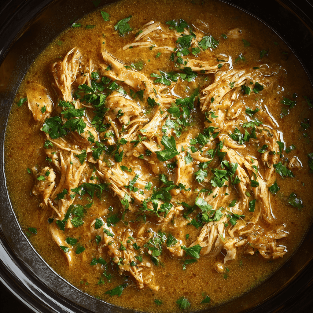 Shredded chicken covered in creamy golden gravy and sprinkled with parsley