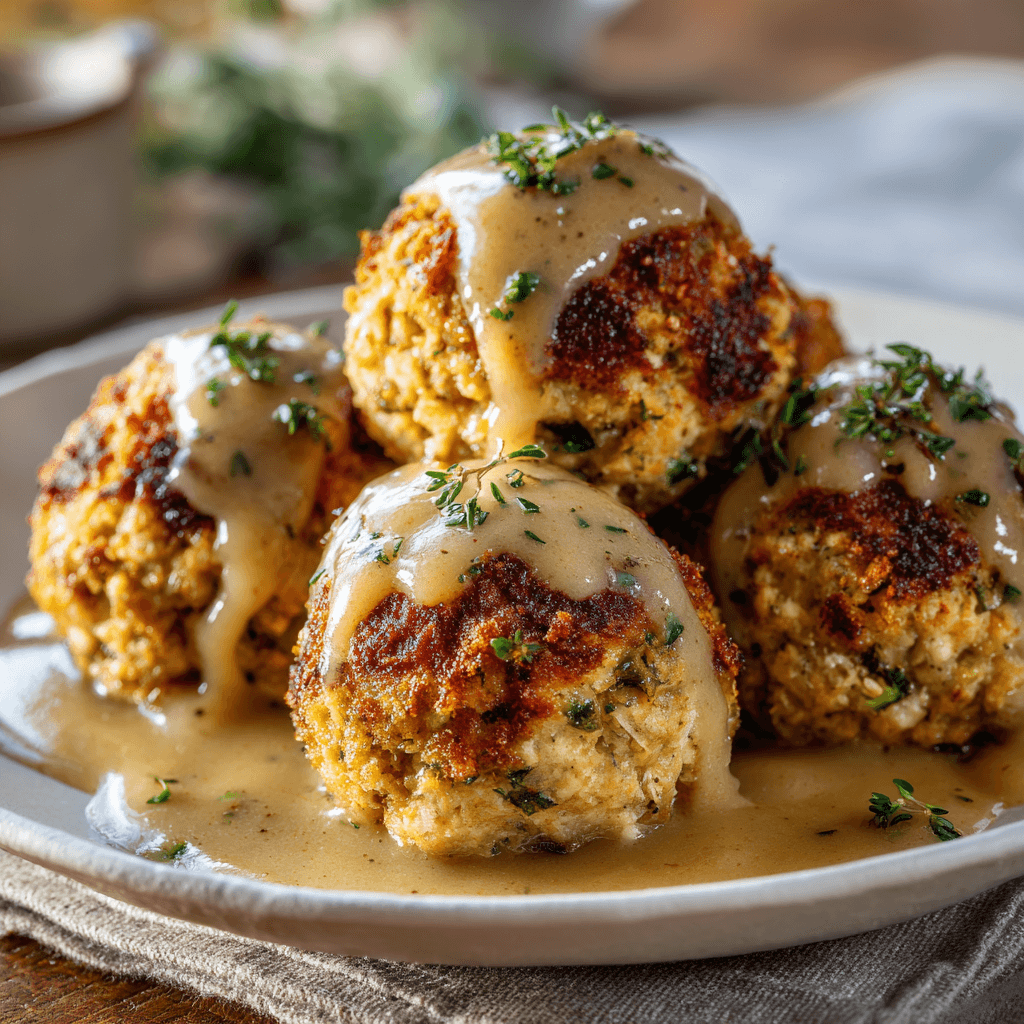 Turkey Stuffing Balls: Easy Recipe for Leftovers or Fresh 3 Turkey Stuffing Balls served on a white ceramic plate, golden-brown baked stuffing balls made with turkey, herbs, and breadcrumbs, topped with creamy turkey gravy.