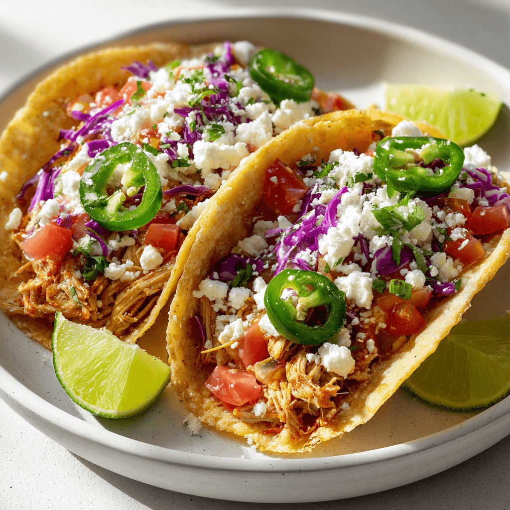 Shredded chicken tacos with cabbage, cheese, and jalapeños served on a white plate with lime wedges.