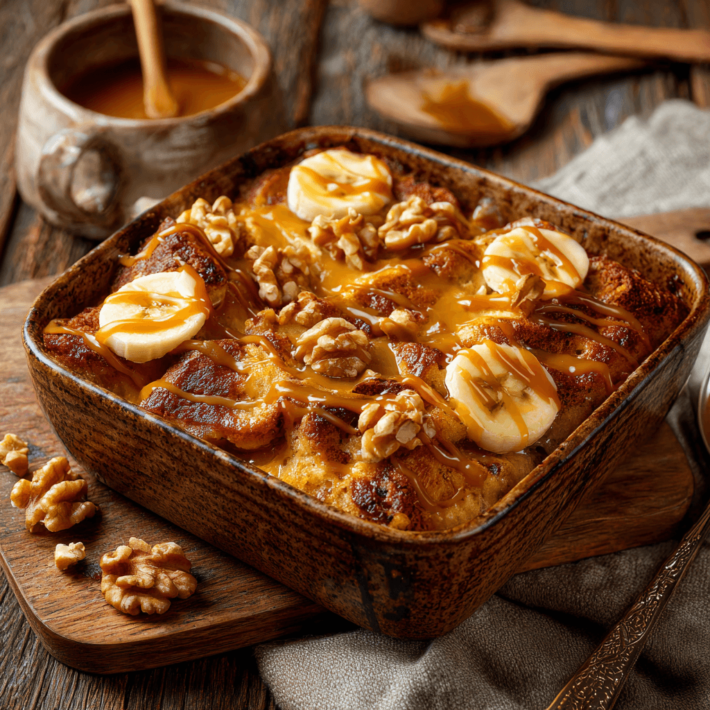 u7568358879 Warm banana bread pudding in a rustic baking dish f7cf24d0 ba74 4aa1 834c 7121067c8c5e 1 - Ultimate Banana Bread Pudding Recipe