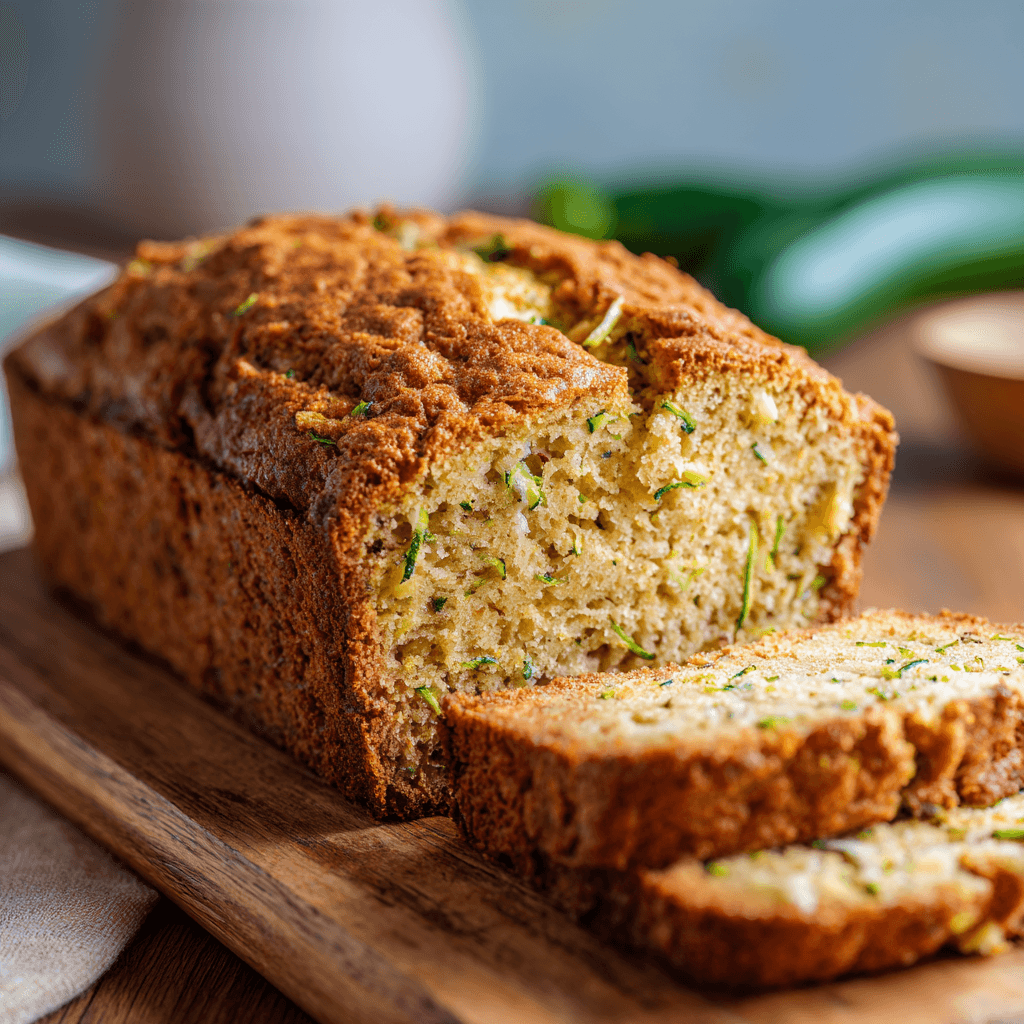 Close-up of sliced zucchini banana bread on a wooden board, showing golden crust and moist crumb with zucchini shreds — rustic home-baked bread in natural light.